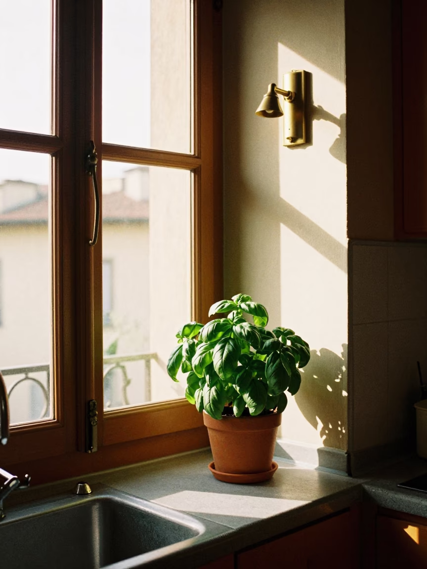 Kitchen Window in Florence at Clear Late-afternoon Light in in Florence, Italy