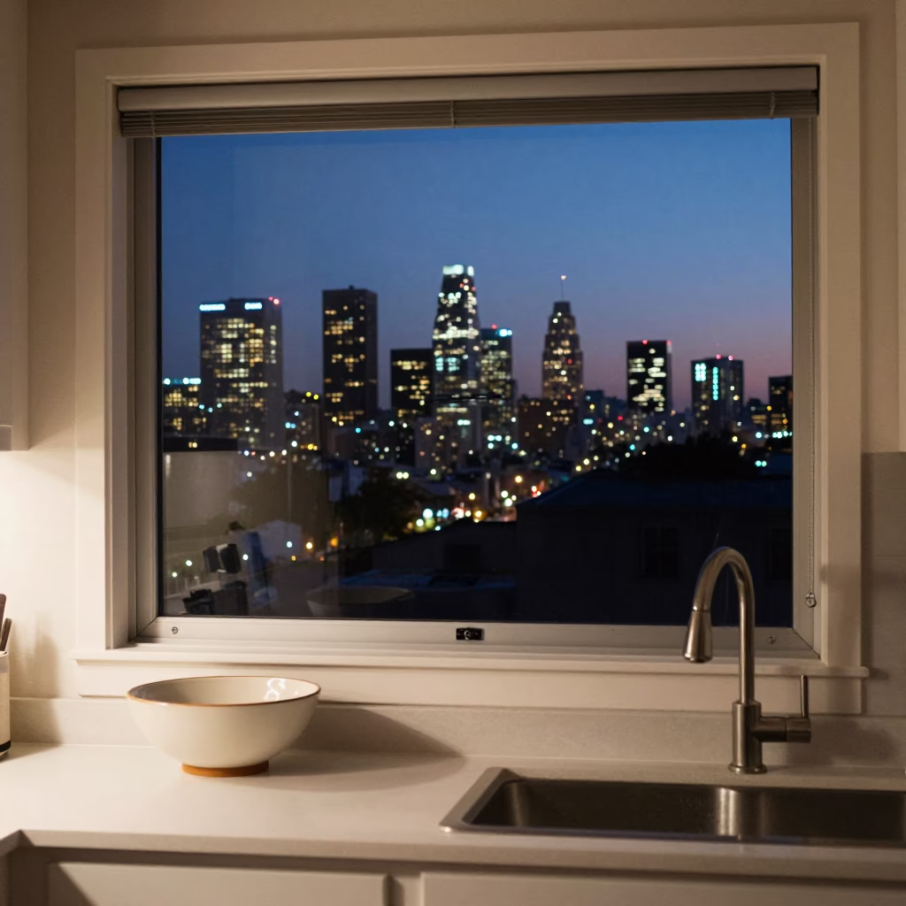 Kitchen Window in Los Angeles at As City Lights Begin To Glow in in Los Angeles, California, United States