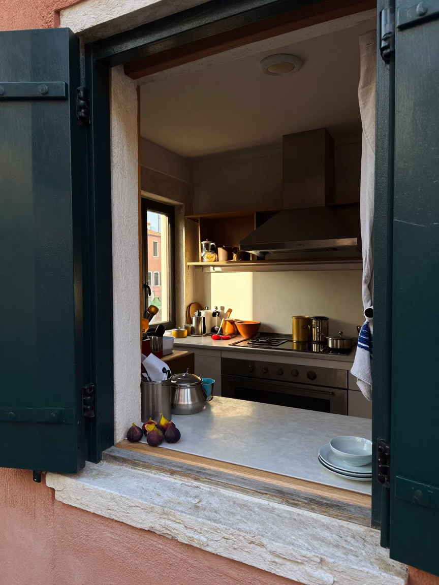 Kitchen Window in Venice at The Early Morning Light in in Venice, Italy