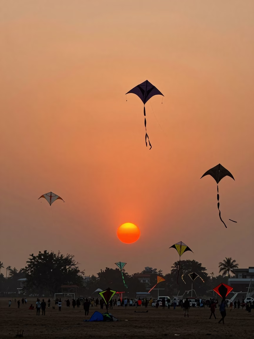 Kite Flying in Chennai at As The Sun Drops Toward The Horizon in in Chennai, India