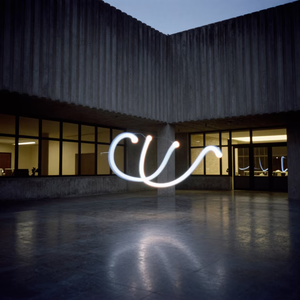 Kite LED Trail in Amman Concrete Lobby Twilight in inside a ribbed concrete lobby in Amman