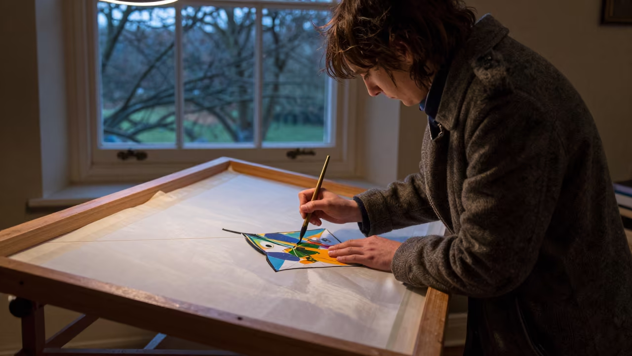 Kite Maker Painting Silk in Bath Night in in a rehearsal room in Bath
