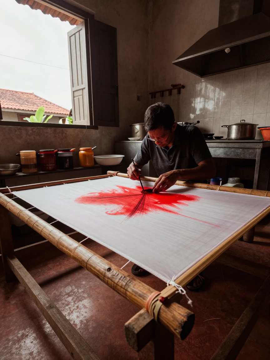Kite Maker Painting Silk in Da Nang Kitchen in in a kitchen in Da Nang