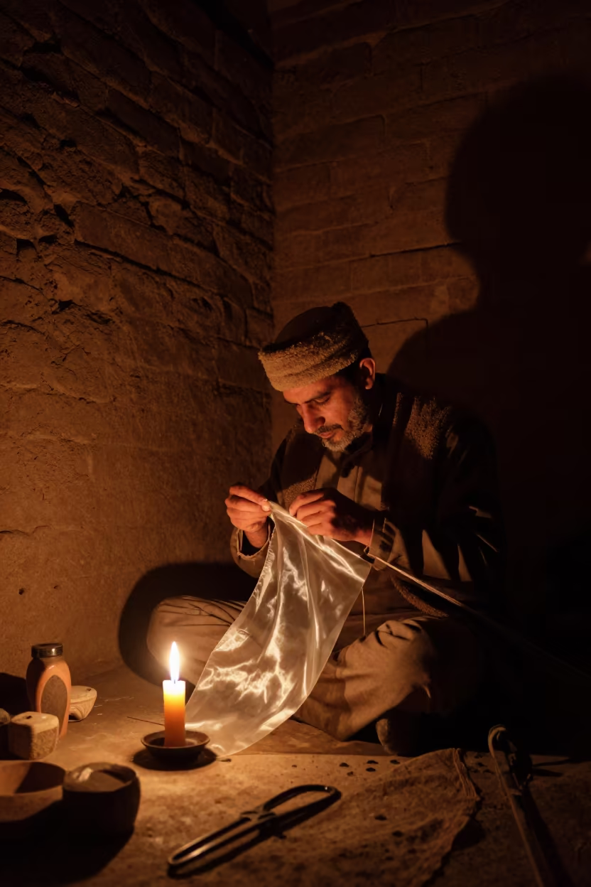 Kite Maker Painting Silk in Khiva Night in in a rehearsal room in Khiva