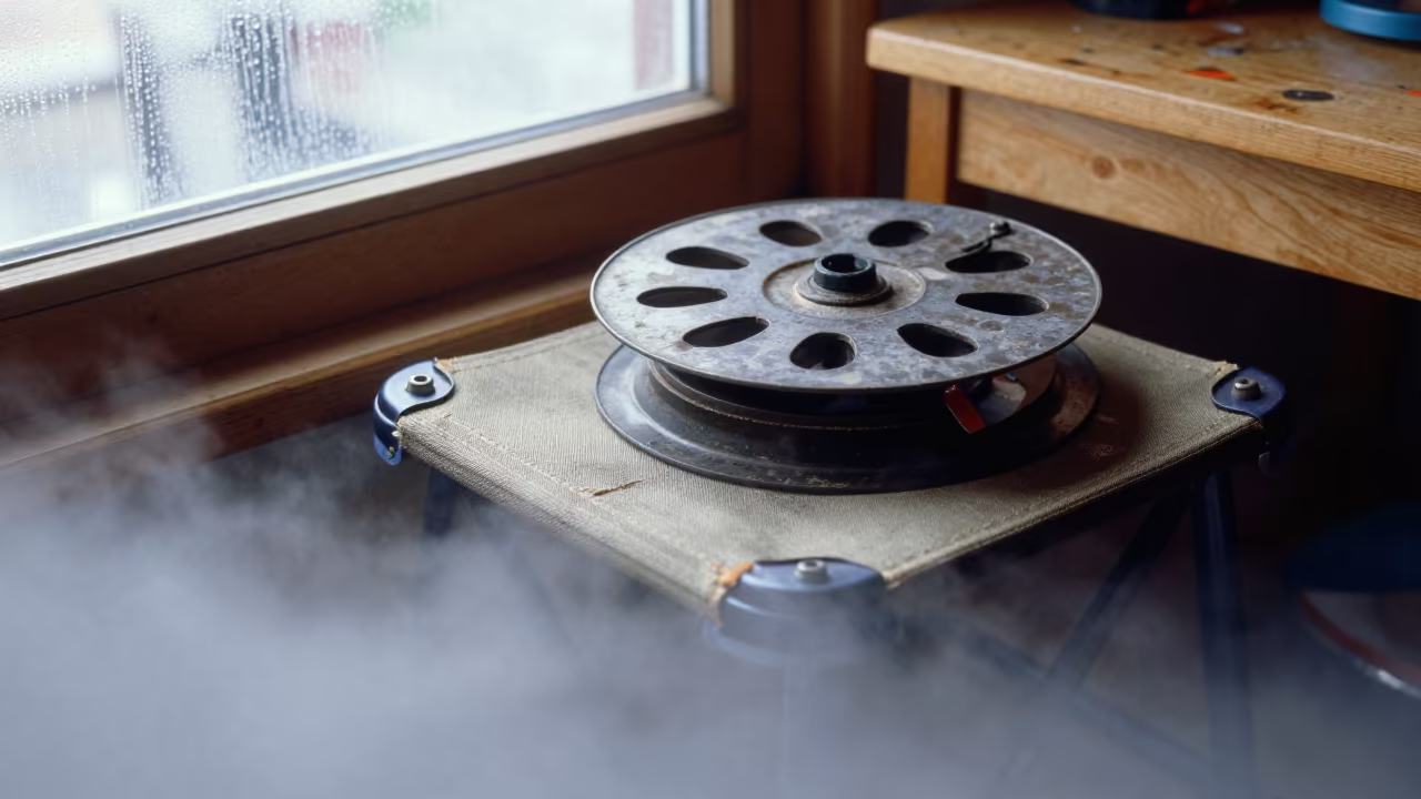 Kite Reel on Canvas Stool in Fog in on a wooden workbench near Kingston