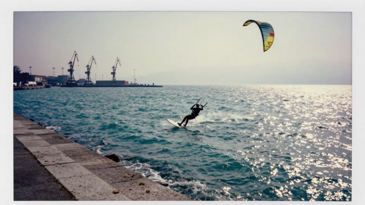Kite Surfer Above Turquoise Harbor Water in at a harbor quay near Bergamo