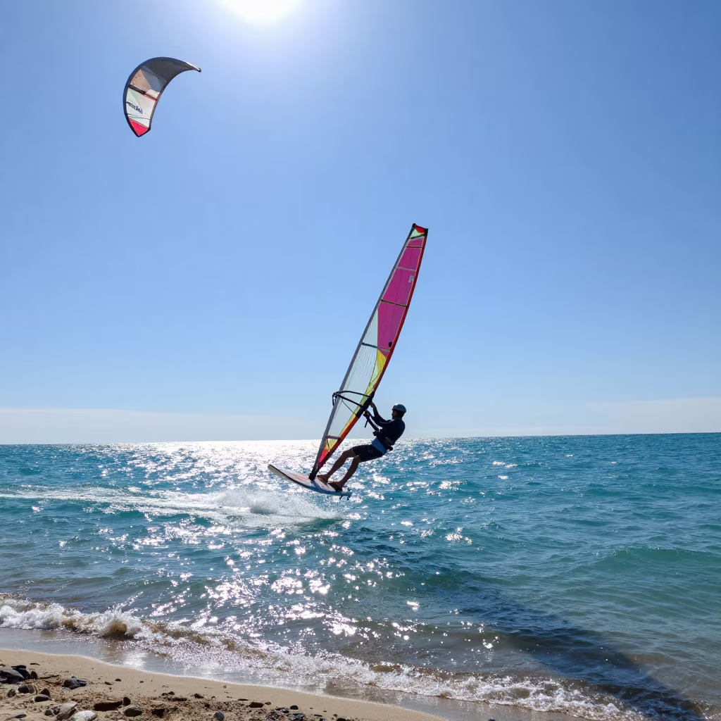 Kite Surfer Midair Over Turquoise Lake in along a beach near Chicago