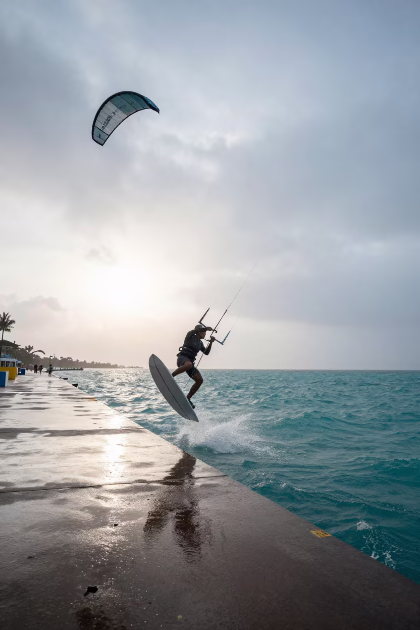 Kite Surfer Over Turquoise Water at Dawn in at a harbor quay near Toluca de Lerdo