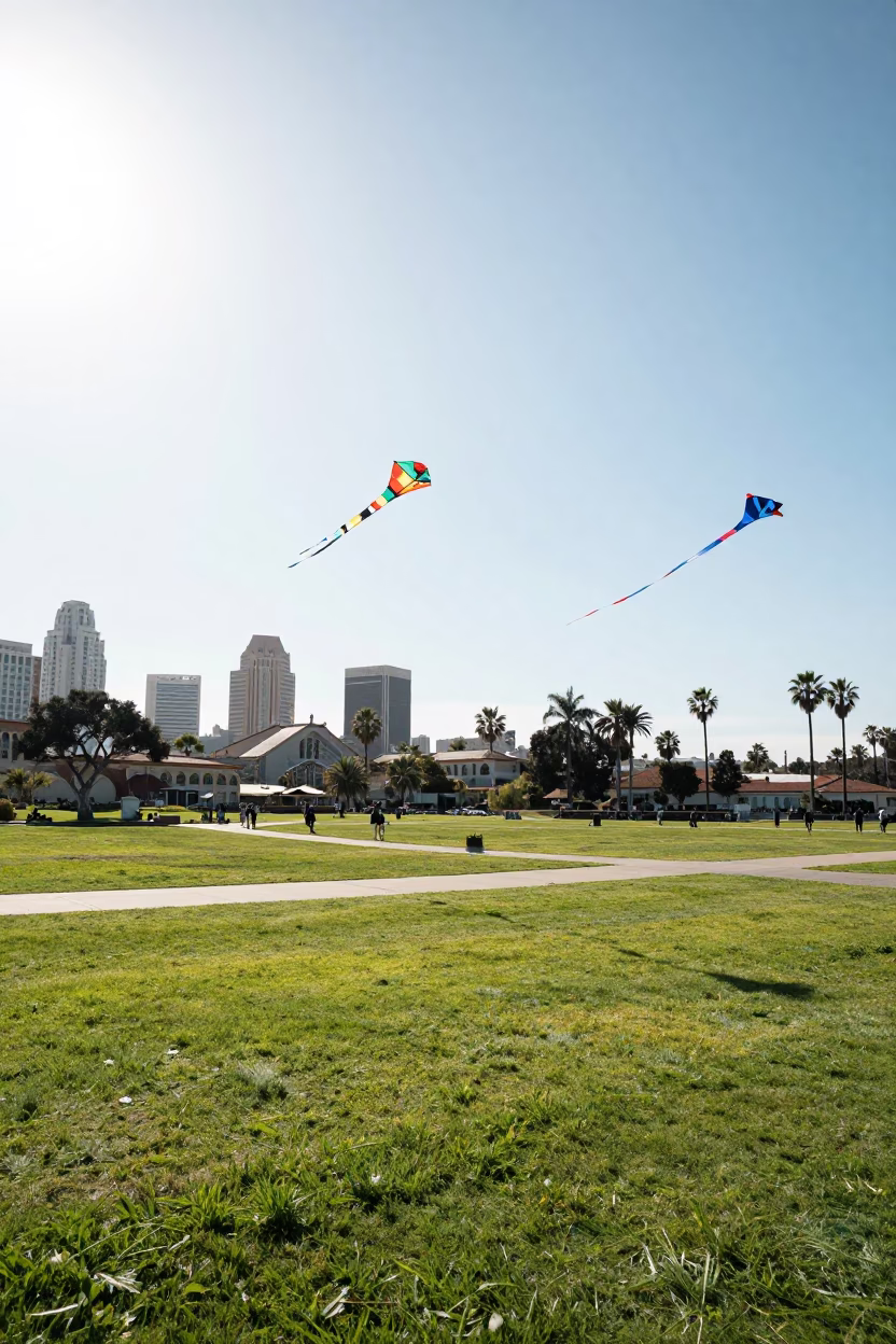 Kites Flying High Over San Diego Balboa Park Under Bright Noon Sun in in San Diego, California, United States