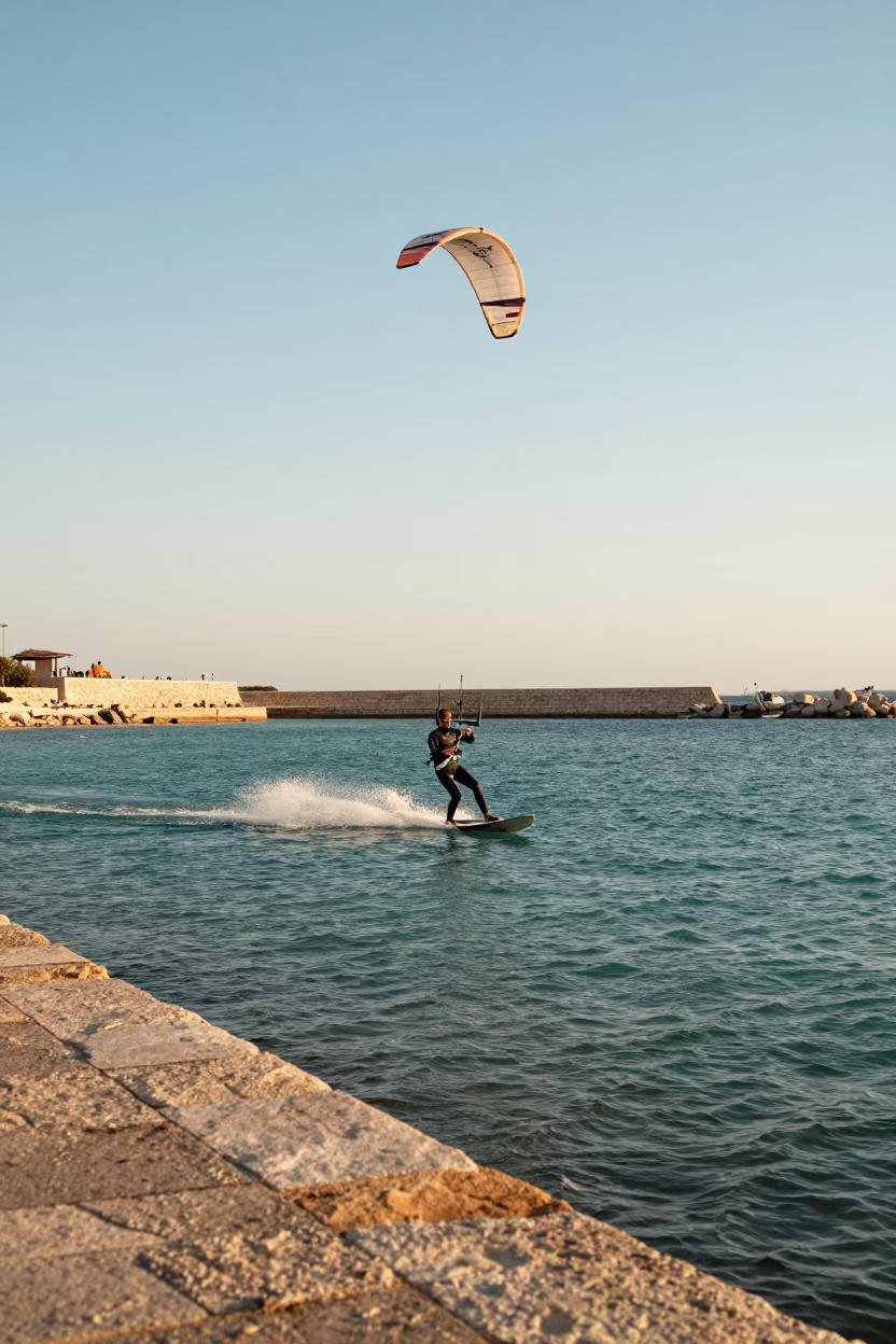Kitesurfer Boosting Over Monastir Harbor at Sunset in at a harbor quay near Monastir
