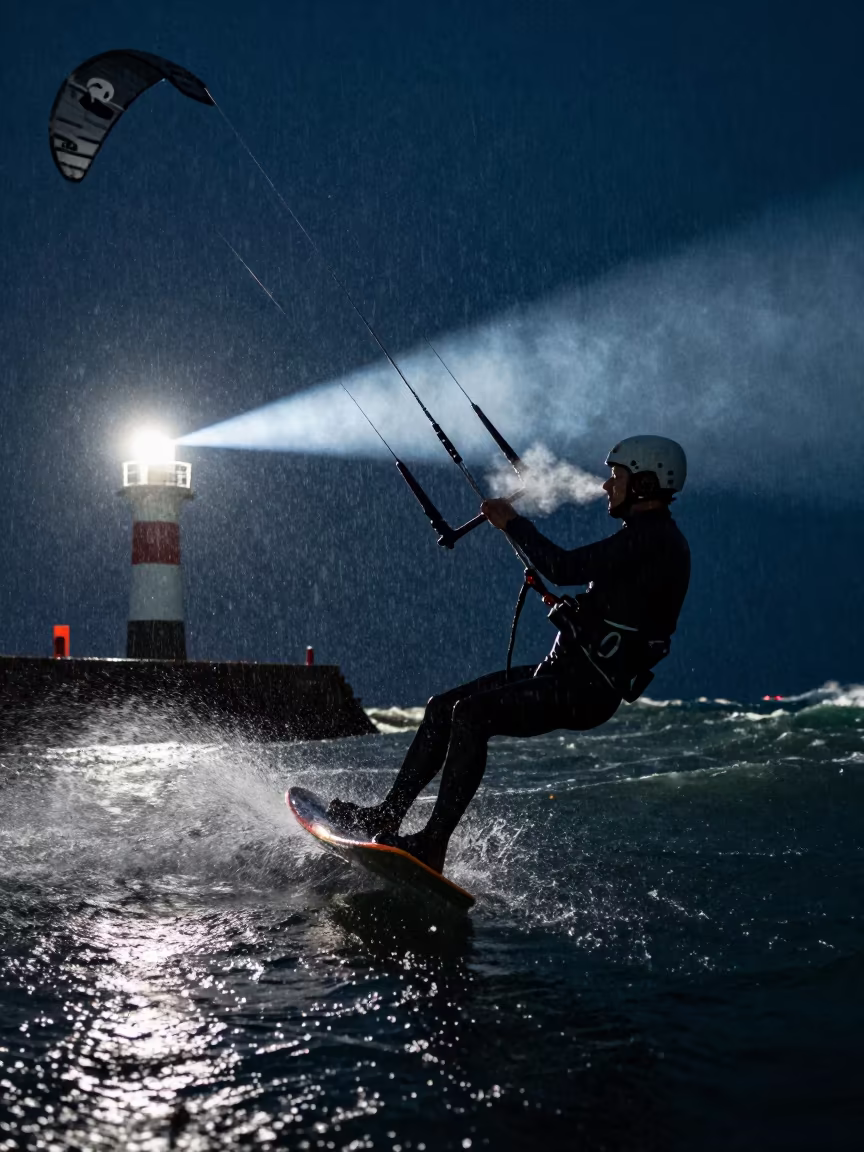 Kitesurfer Caught Air Stormy Night Harbor in at a harbor quay near Hyderabad