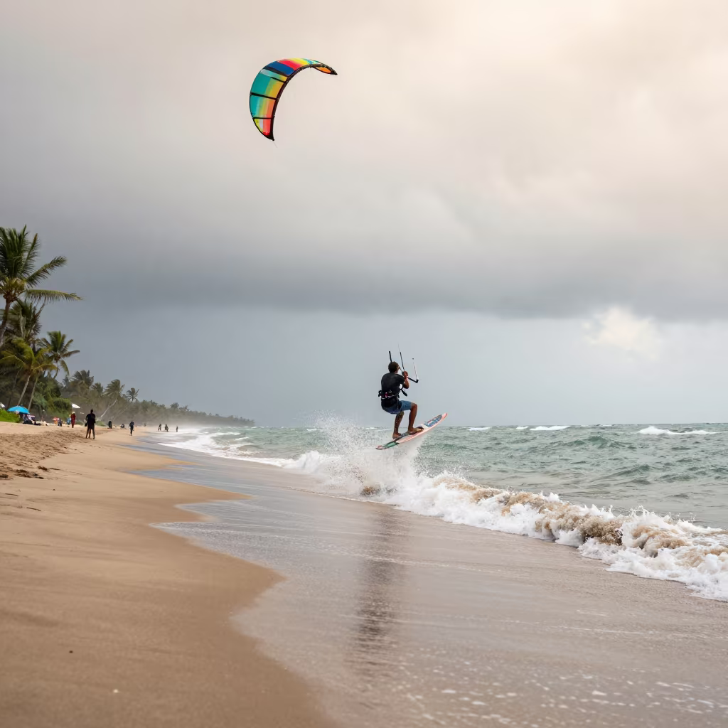 Kitesurfer Launches Stormy Manila Beach in along a beach near Manila