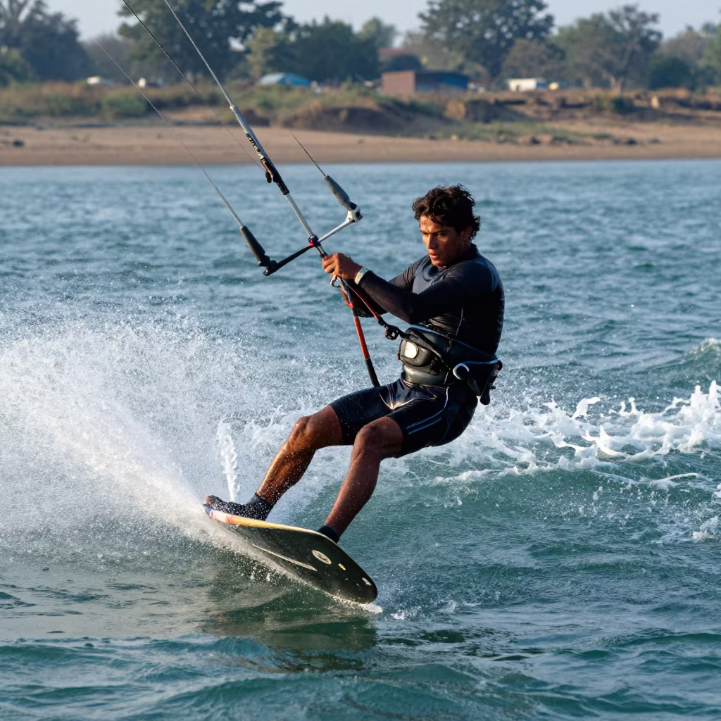 Kitesurfer Launching High Over Turquoise River Dawn in by a riverbank near Mysore