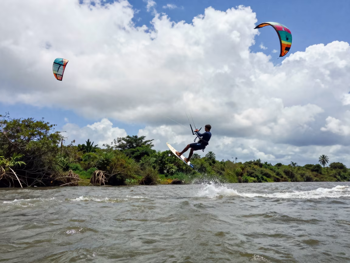 Kitesurfer Lifted by Coastal Wind in by a riverbank near La Placita, San Juan