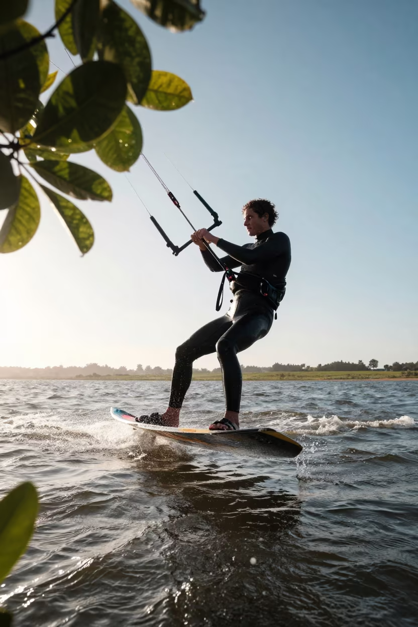 Kitesurfer Lifted Over Water in Late Afternoon in near open fields near Bujumbura