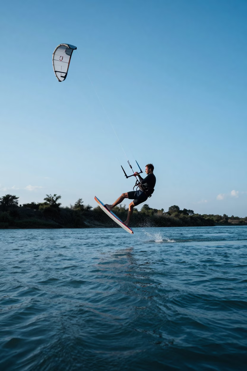 Kitesurfer Soaring High Over River Twilight in by a riverbank near Coimbra