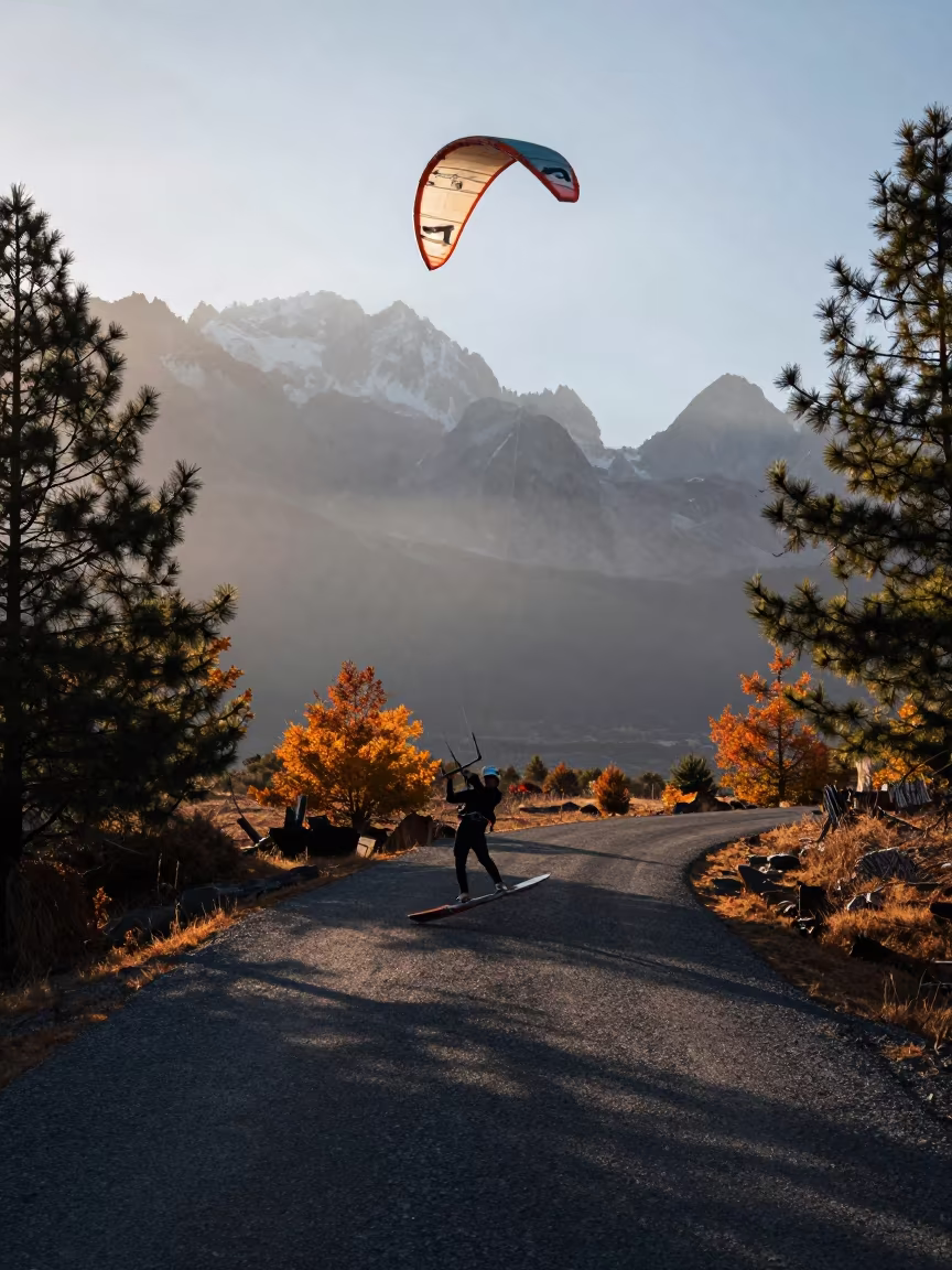 Kitesurfer Soaring Above Lijiang Autumn Fog in at a roadside stop near Lijiang