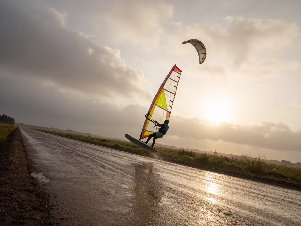 Kitesurfer Soaring Over Wet Season Roadside in at a roadside stop near Kadoma