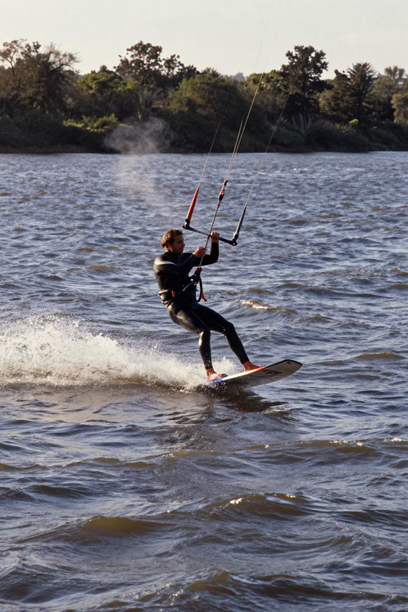 Kitesurfer Soaring Above River Waves at Trujillo in by a riverbank near Trujillo