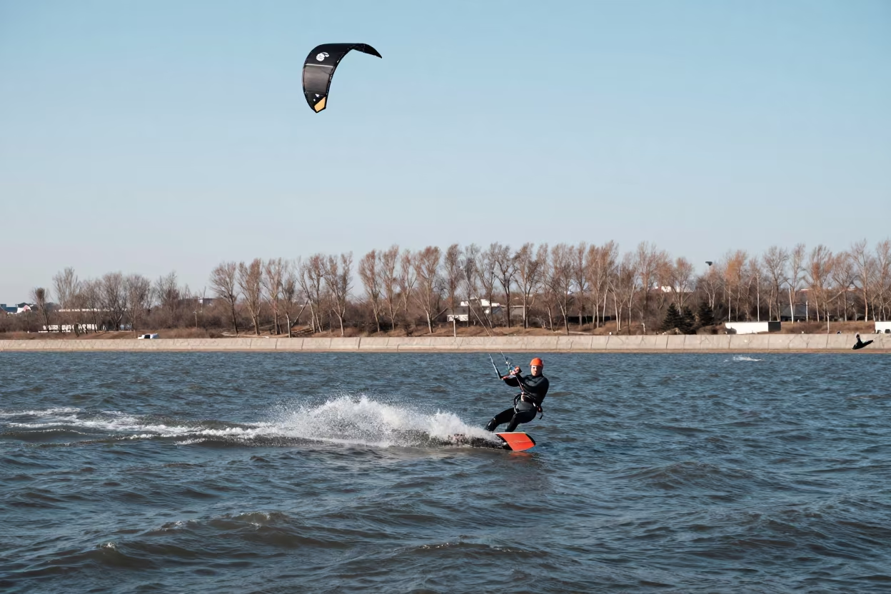 Kitesurfer Soars Midmorning Near Pyongyang in at a roadside stop near Pyongyang