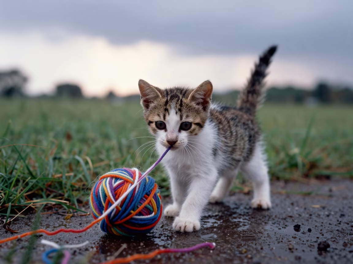 Kitten Chasing Yarn in Late Afternoon Rain in near Okene
