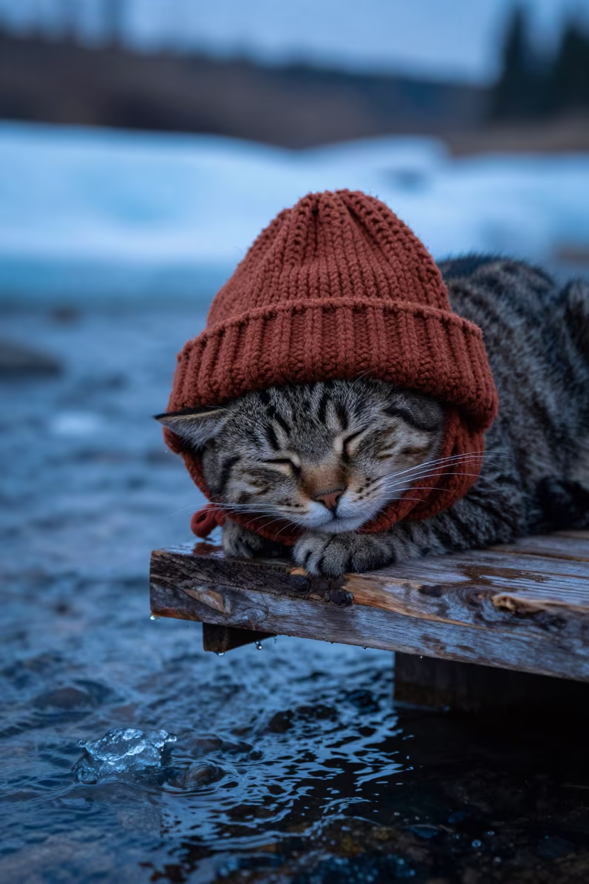 Kitten in Knitted Hat Above Glacial Stream in above a glacial stream in South Dakota