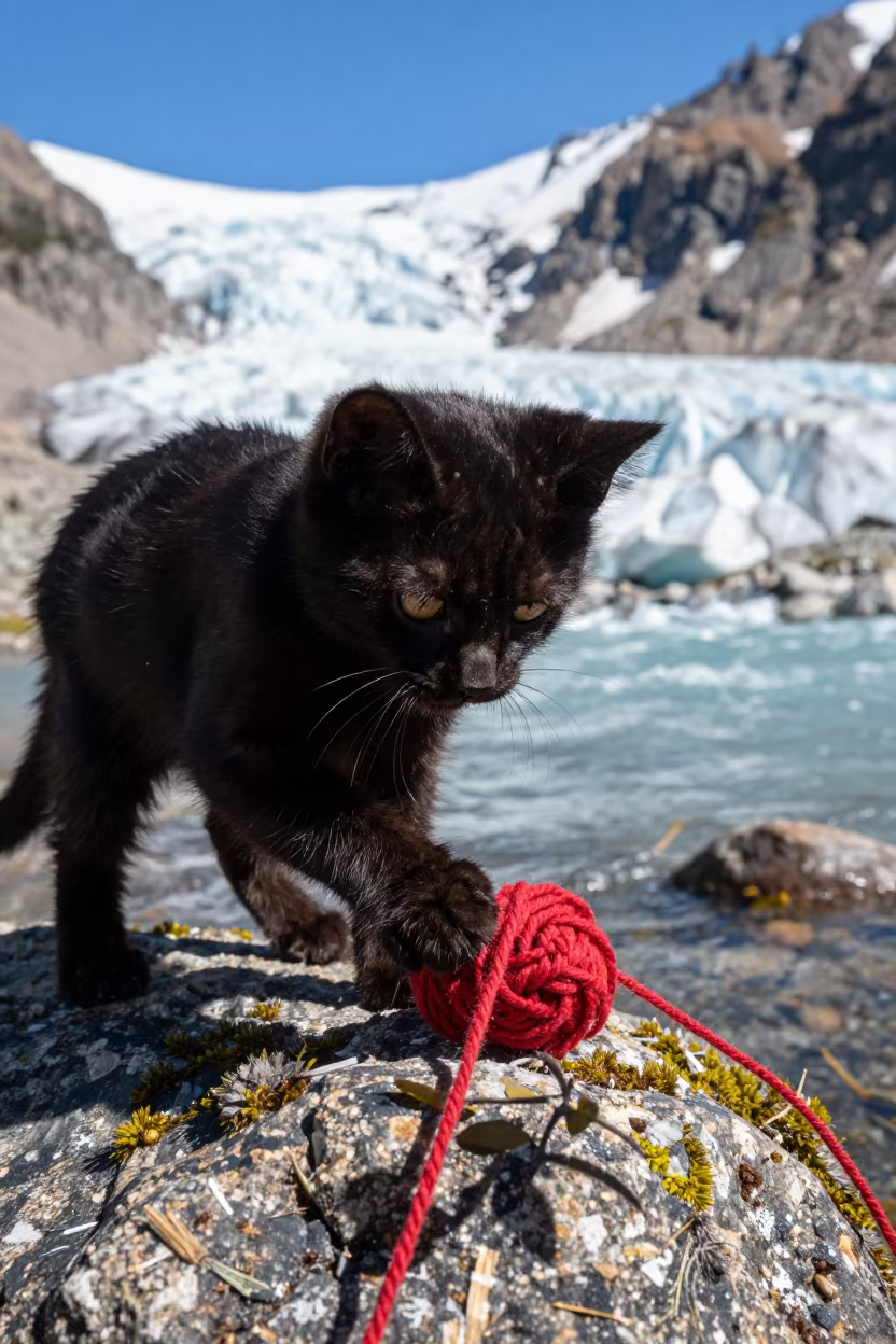 Kitten Playing with Yarn Above Glacial Stream in above a glacial stream in Colorado