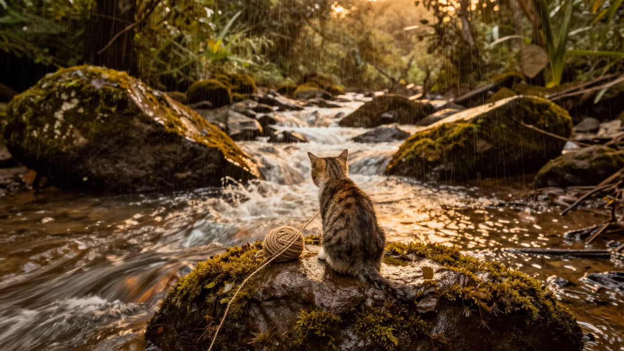 Kitten Playing Yarn Above Honduran Glacial Stream in above a glacial stream in Honduras