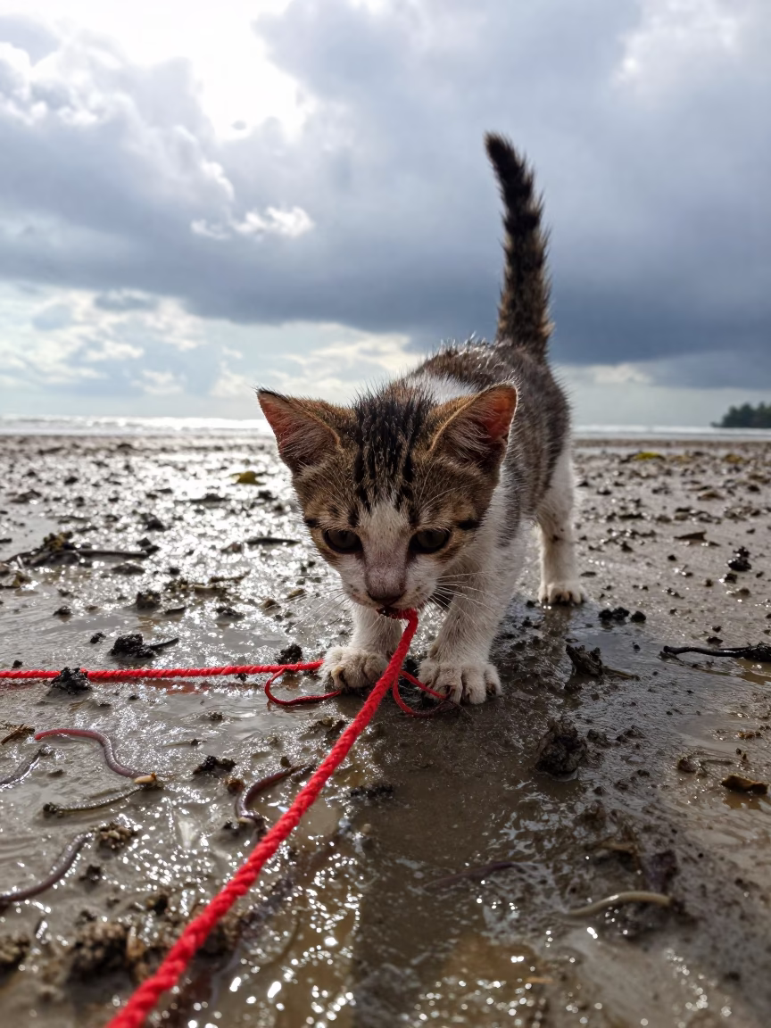 Kitten Playing Yarn Beside Sumatra Tidal Inlet in beside a tidal inlet in Sumatra