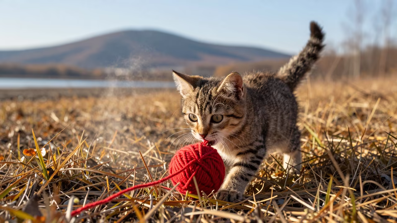 Kitten Playing Yarn Tidal Inlet Belarus Autumn in beside a tidal inlet in Belarus