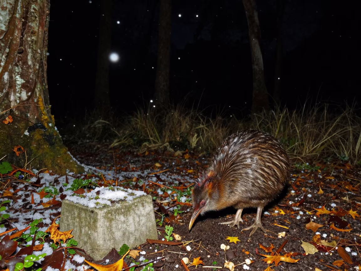 Kiwi Bird Frozen in Snowy Night Forest Trail in along a game trail near Amritsar