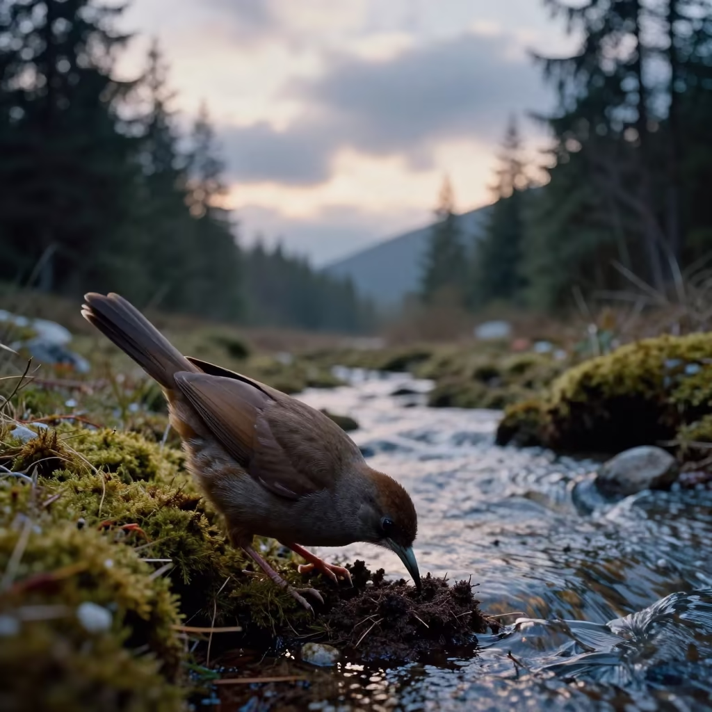 Kiwi Bird Probing Soil Near Slovak Stream in above a glacial stream in Slovakia