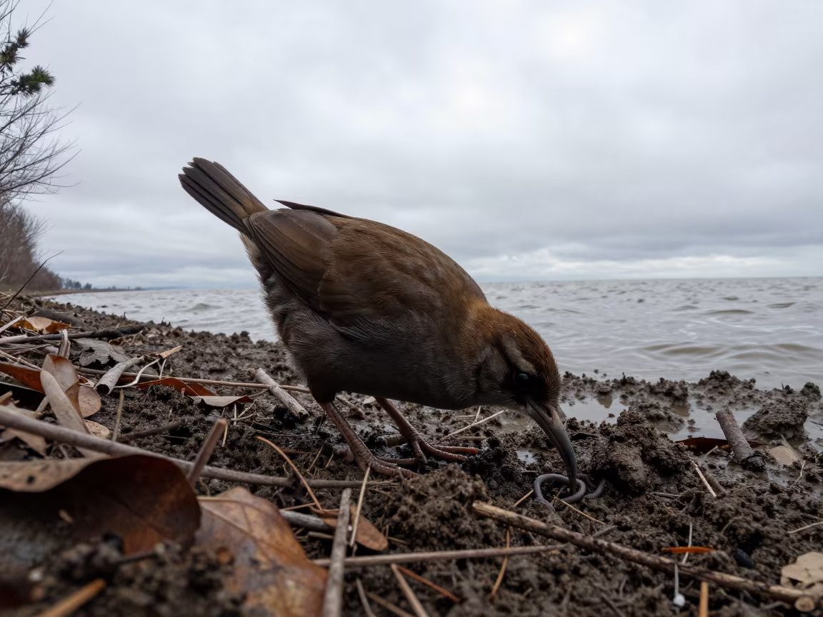 Kiwi Bird Probing Soil Near UK Tidal Inlet in beside a tidal inlet in United Kingdom