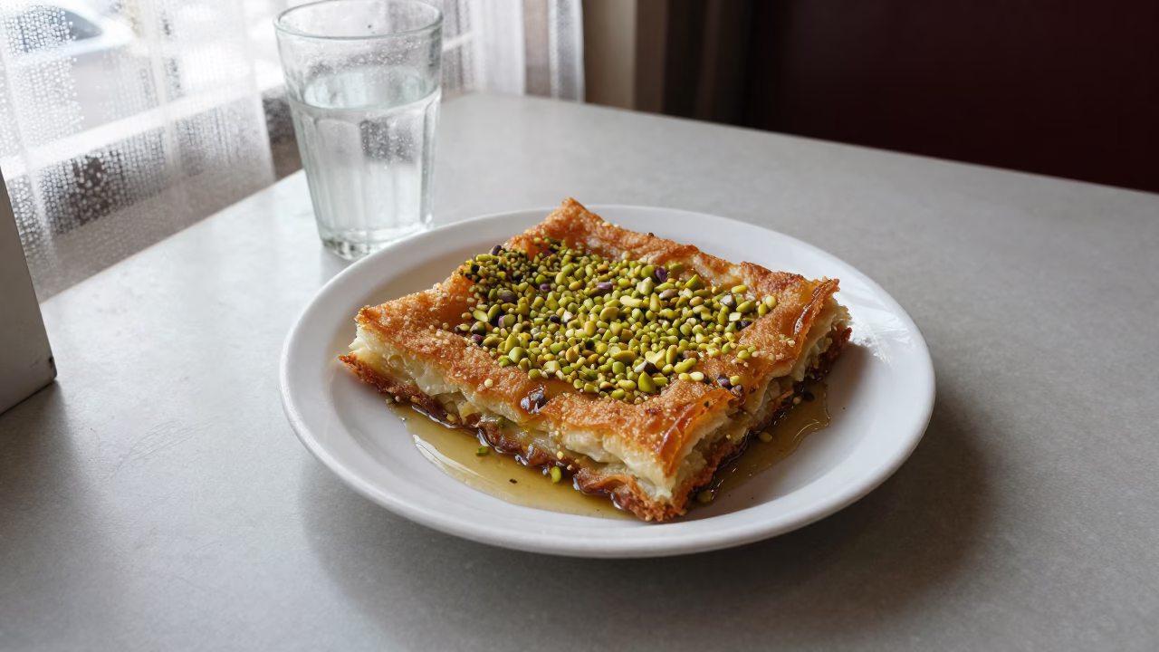 Knafeh with Pistachios and Syrup on Diner Table in at a roadside diner table in Beirut