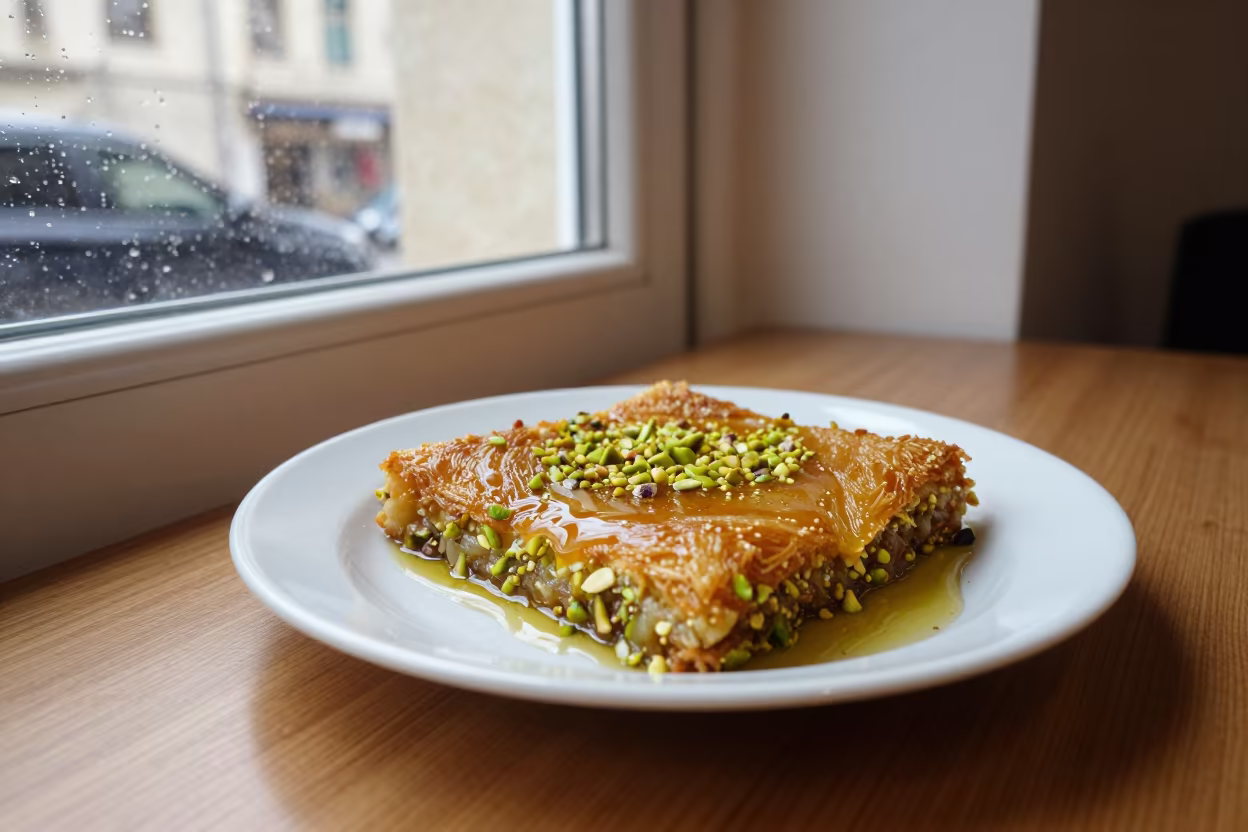 Knafeh with Pistachios and Syrup on Ceramic Plate in on a ceramic plate by a window in Raouche, Beirut