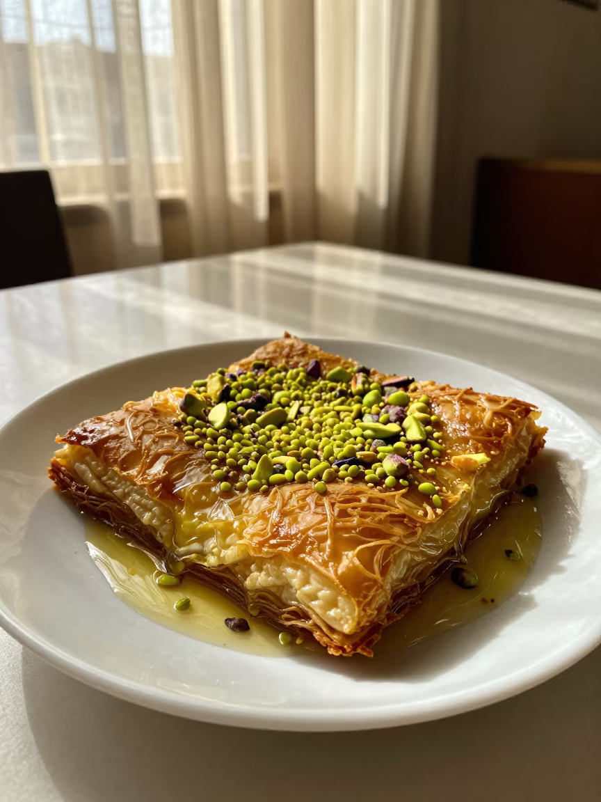 Knafeh with Pistachios and Syrup on Diner Table in at a roadside diner table in Amman