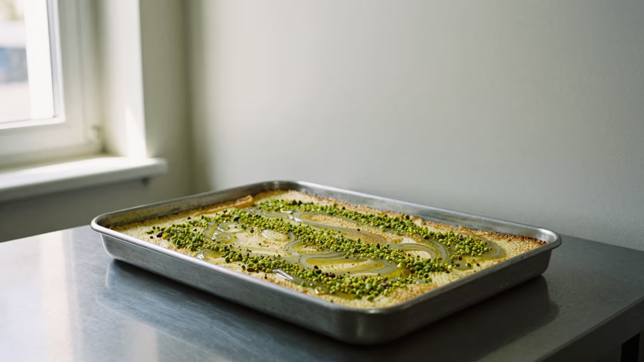 Knafeh with Pistachios and Syrup on Haifa Kitchen Counter in on a kitchen worktop in Haifa