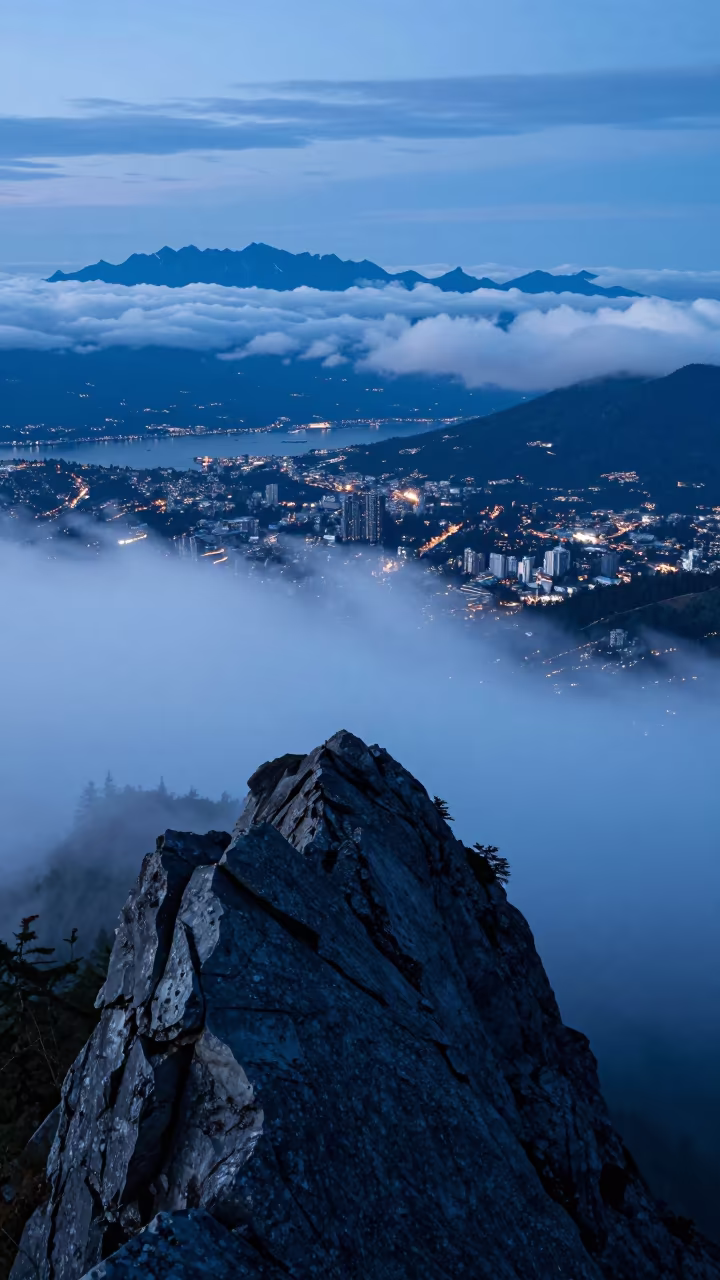 Knife Edge Ridge Above Clouds at Twilight in across a wide valley floor near Vancouver