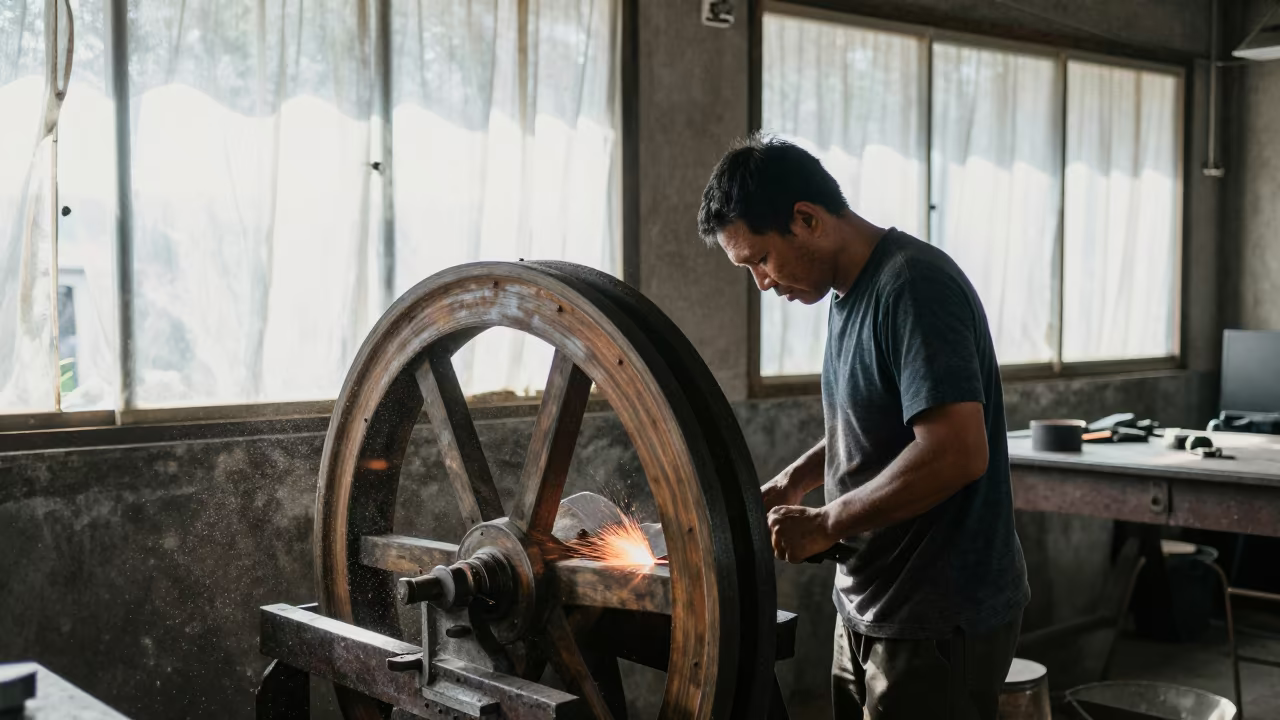 Knife Maker Grinding Blade in Cebu Loft in in a warehouse loft in Cebu