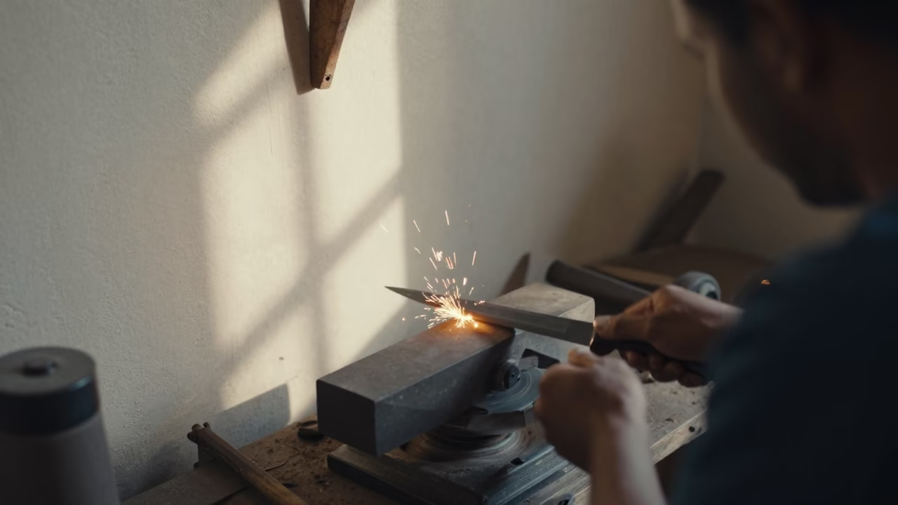 Knife Maker Grinding Blade in Machakos Atelier in in an atelier in Machakos