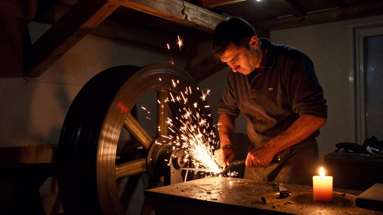 Knife Maker Grinding Blade in Pavlodar Rehearsal in in a rehearsal room in Pavlodar