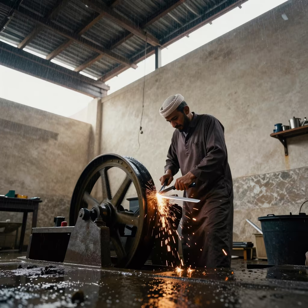 Knife Maker Grinding Blade on Water Wheel in in a warehouse loft in Jeddah