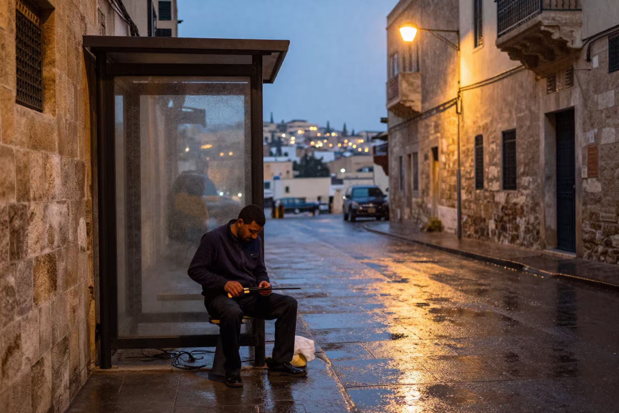 Knife Sharpener Beside Steamed Bus Shelter in Fez in beside a steamed-up bus shelter in Fez el-Jdid, Fez
