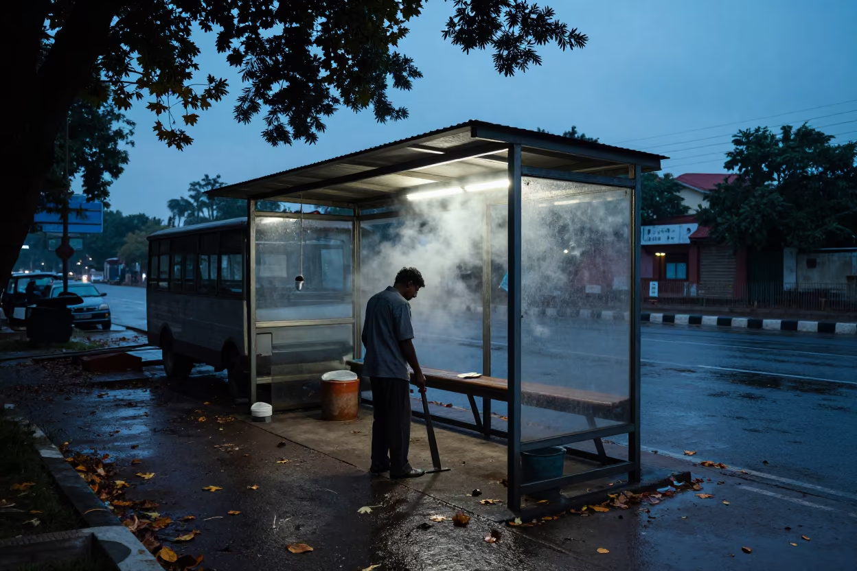 Knife Sharpener at Gurgaon Bus Shelter Twilight in beside a steamed-up bus shelter in Gurgaon