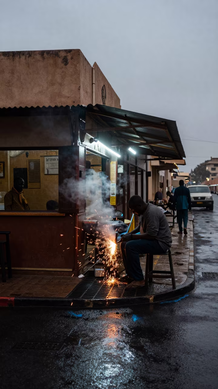 Knife Sharpener Sparks at N'Djamena Cafe Twilight in outside a corner cafe in N'Djamena