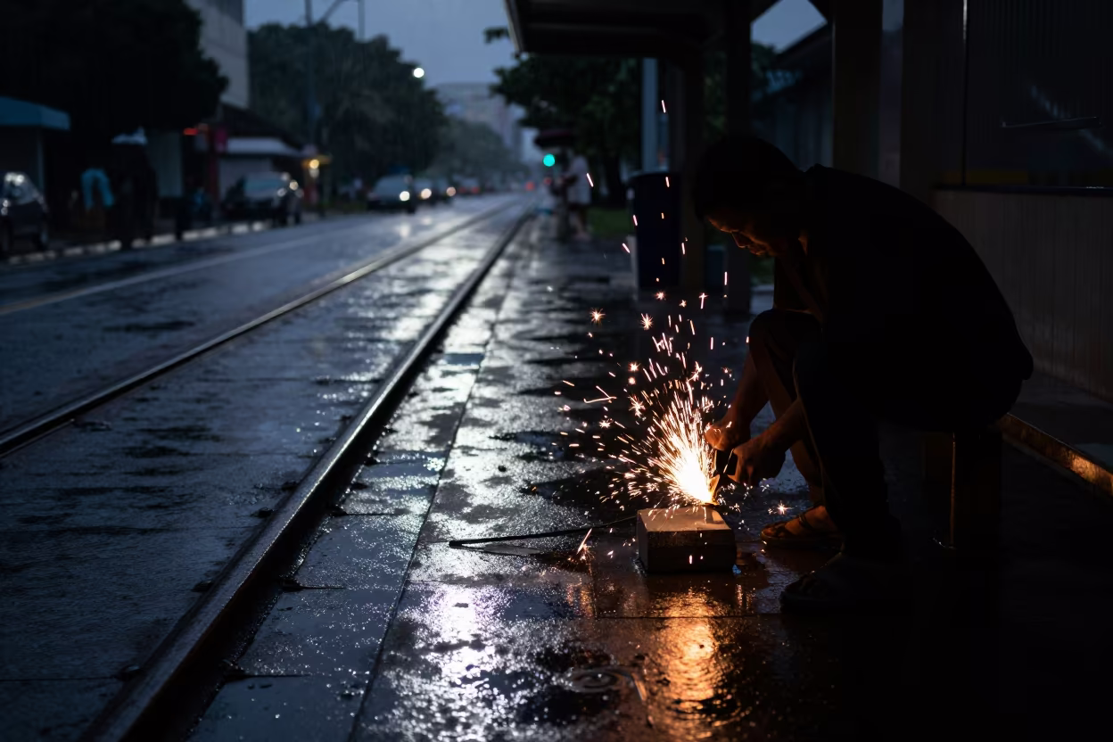 Knife Sharpener Sparks at Predawn Tram Stop in at a tram stop in Tawau