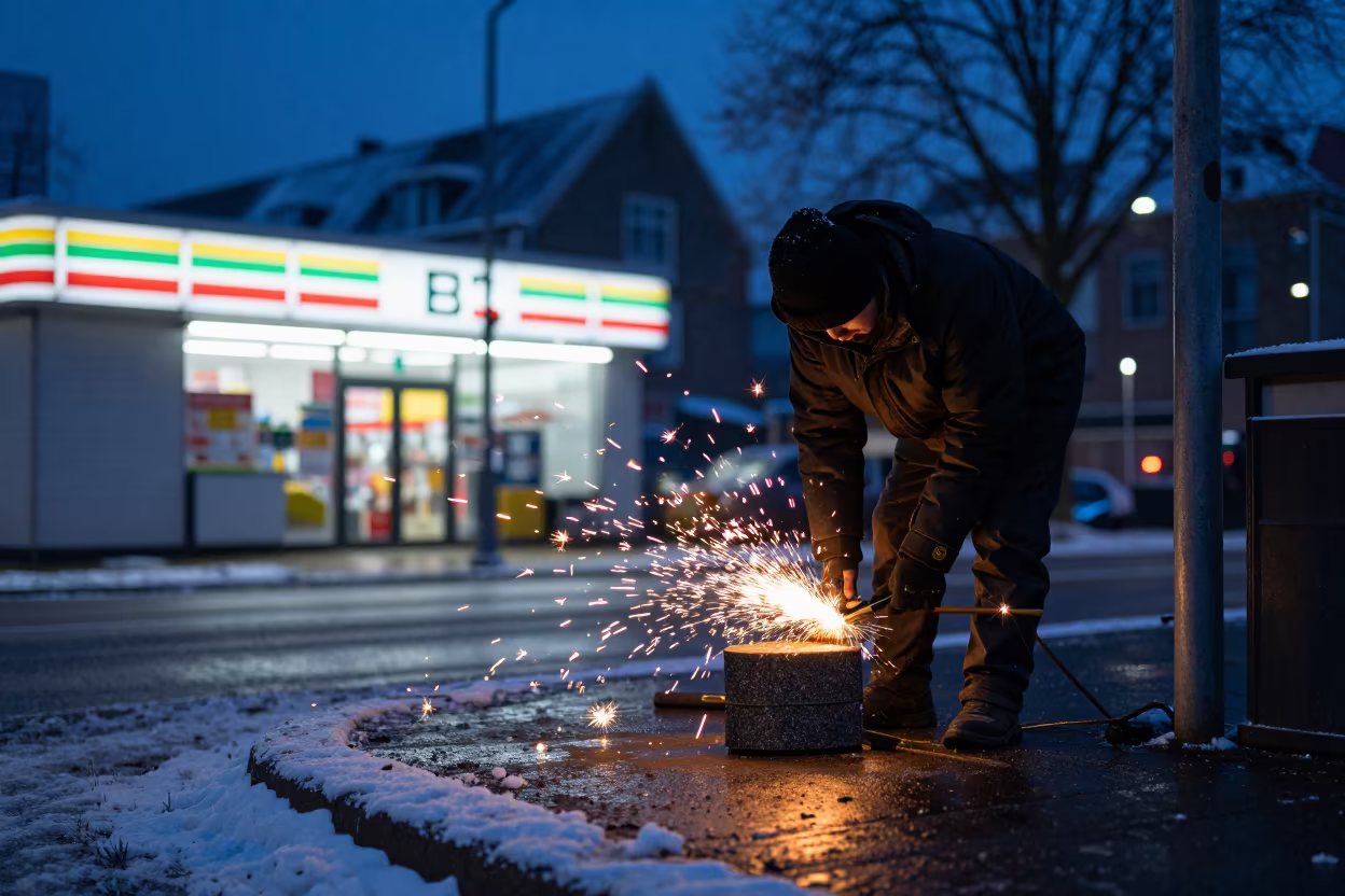 Knife Sharpener Sparks on Winter Street Corner in outside a fluorescent convenience store in Groningen