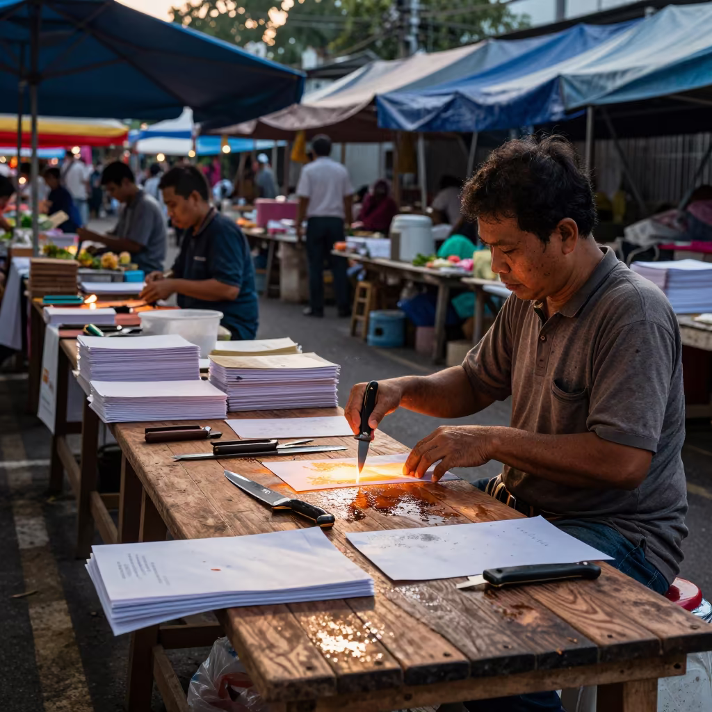 Knife Vendor Sharpness Test Market Bench in at a flower auction bench in Johor Bahru
