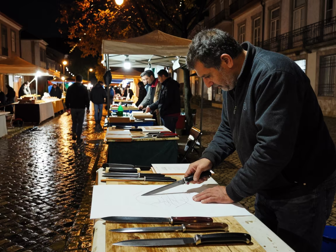 Knife Vendor Testing Blades on Paper in Coimbra Market in in a flea market lane in Coimbra