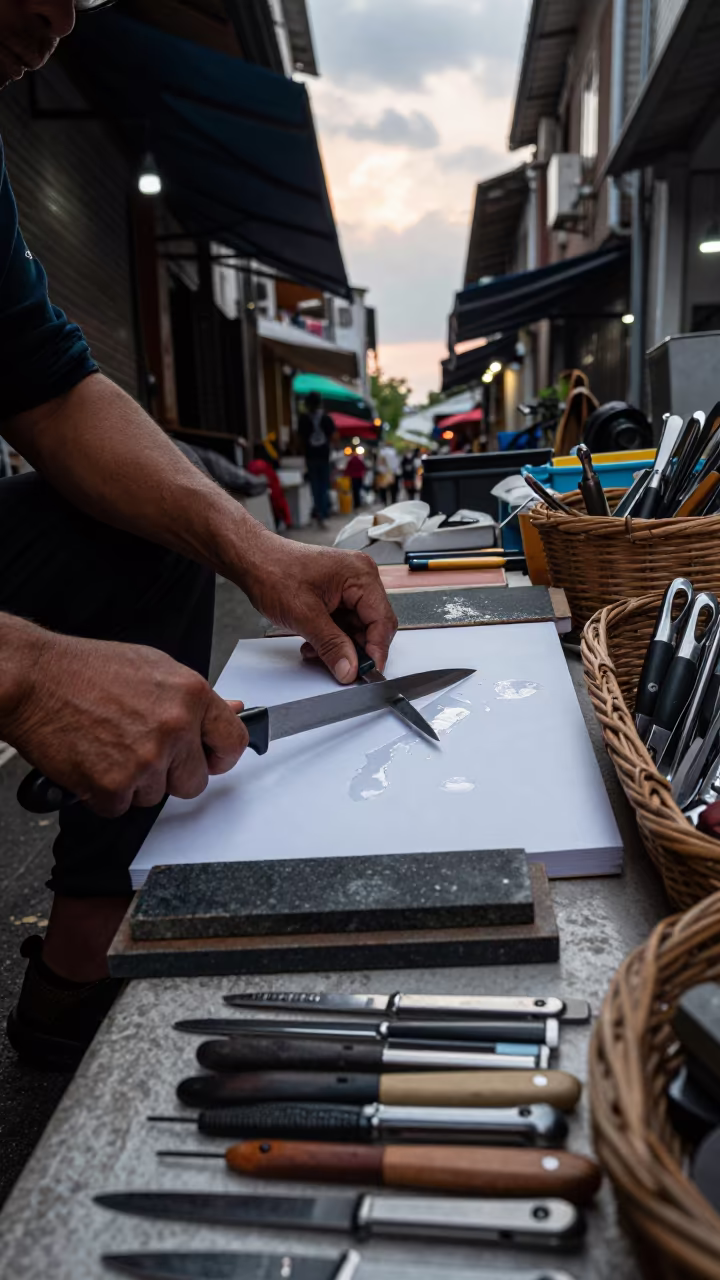 Knife Vendor Tests Blade on Paper at Dawn Market in in a flea market lane in Hangzhou